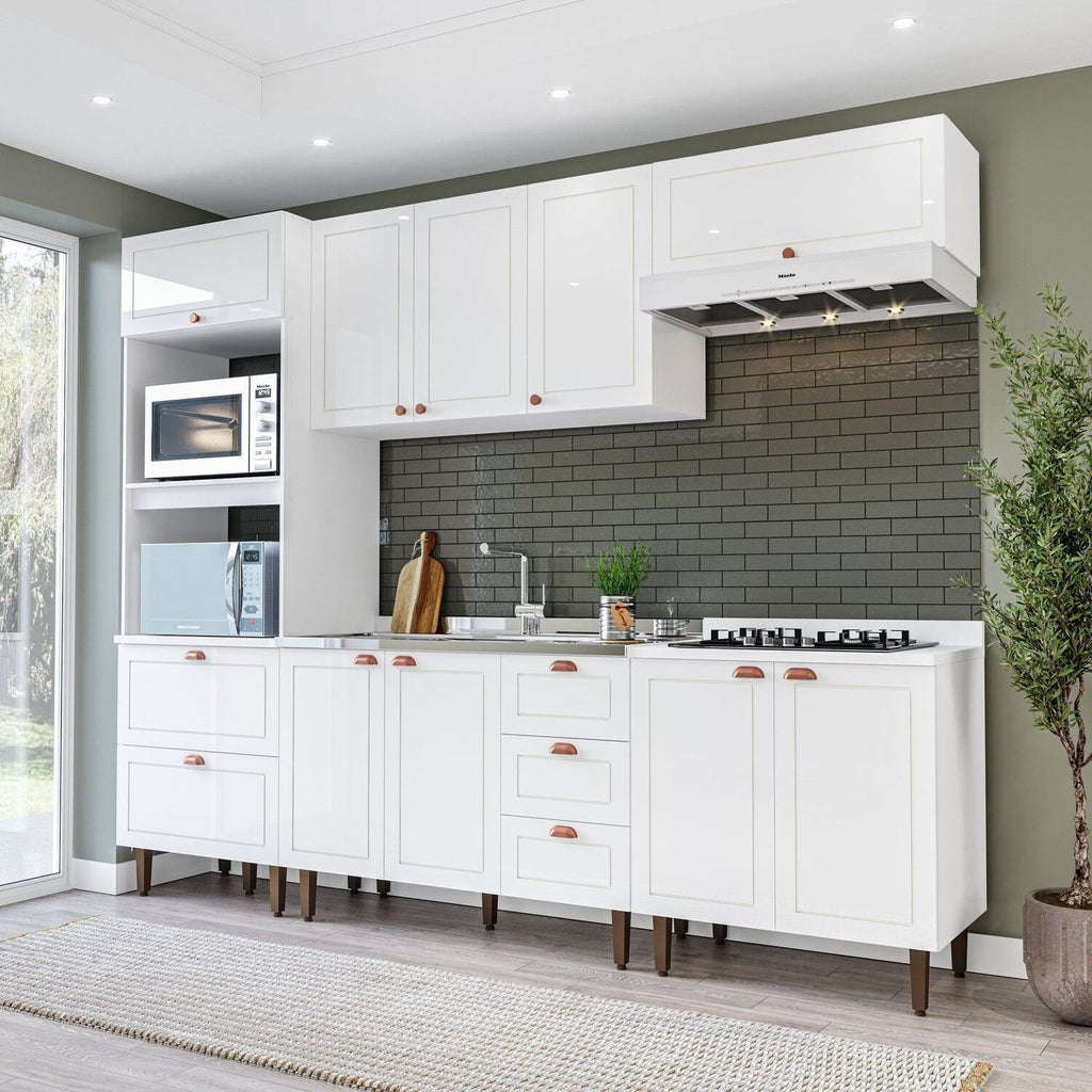 Cozinha Completa Modulada Pérola Yescasa 5 Peças Torre Quente Aéreo 3 Portas Balcão 120 Balcão 80 Basculante Branco