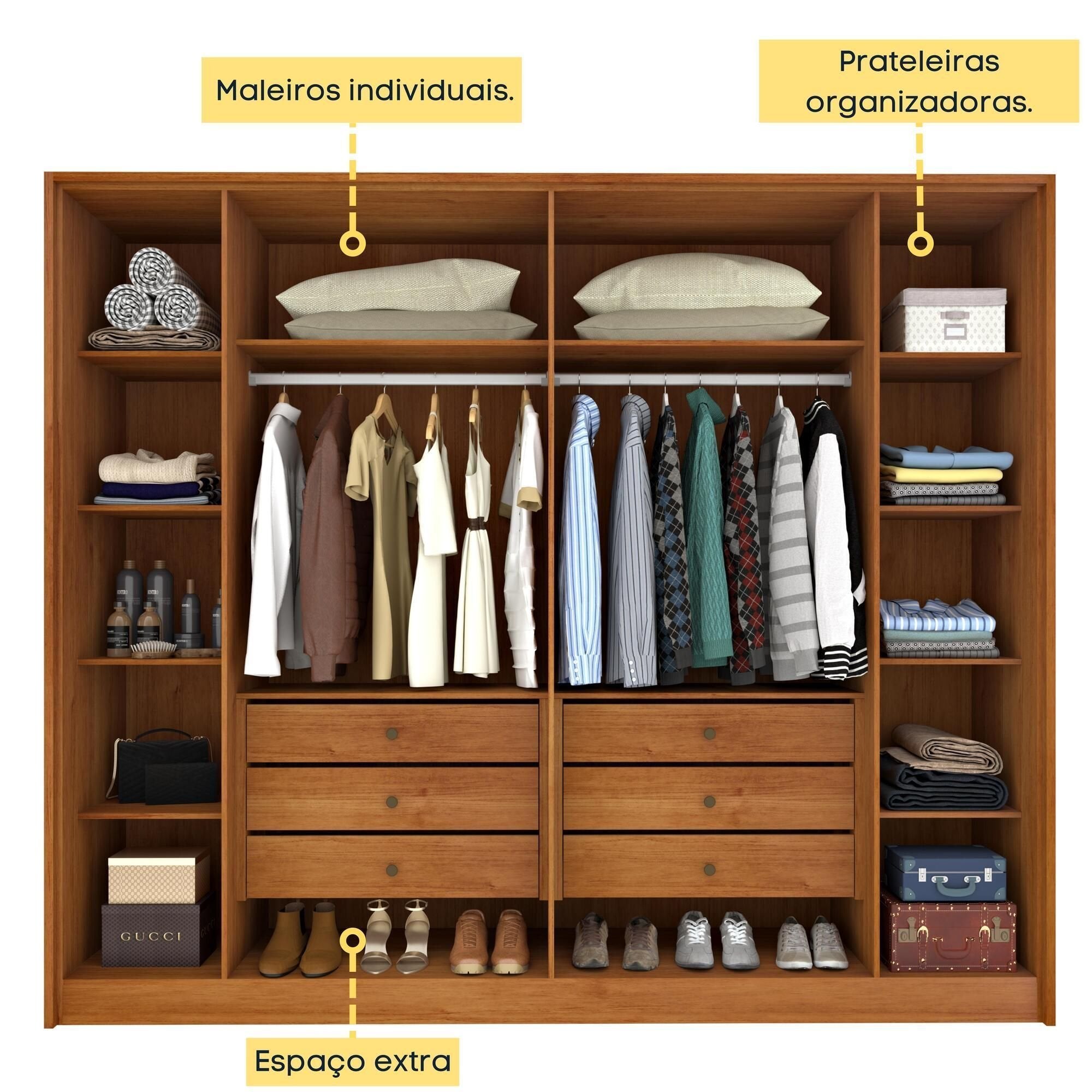 Guarda-Roupa Casal Ripado 6 Portas 6 Gavetas 275cm Yescasa Marrom/Cinamomo