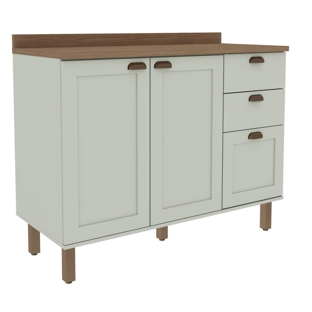 Balcão para Cozinha 2 Portas 3 Gavetas Provençal com Tampo Iluminata Genialflex Verde/Mint/Ébano Fosco