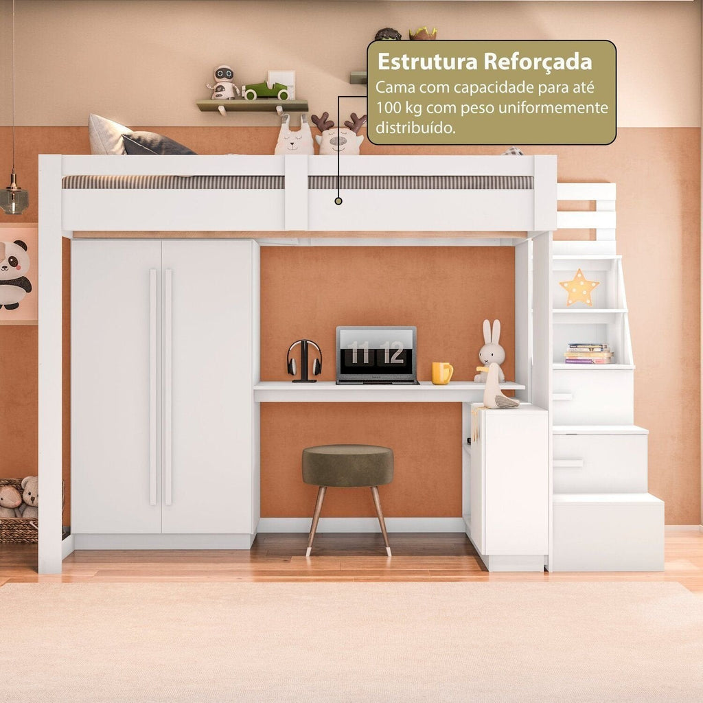 Cama Alta Beliche Office Infantil com Roupeiro e Escrivaninha Moon Yescasa Branco