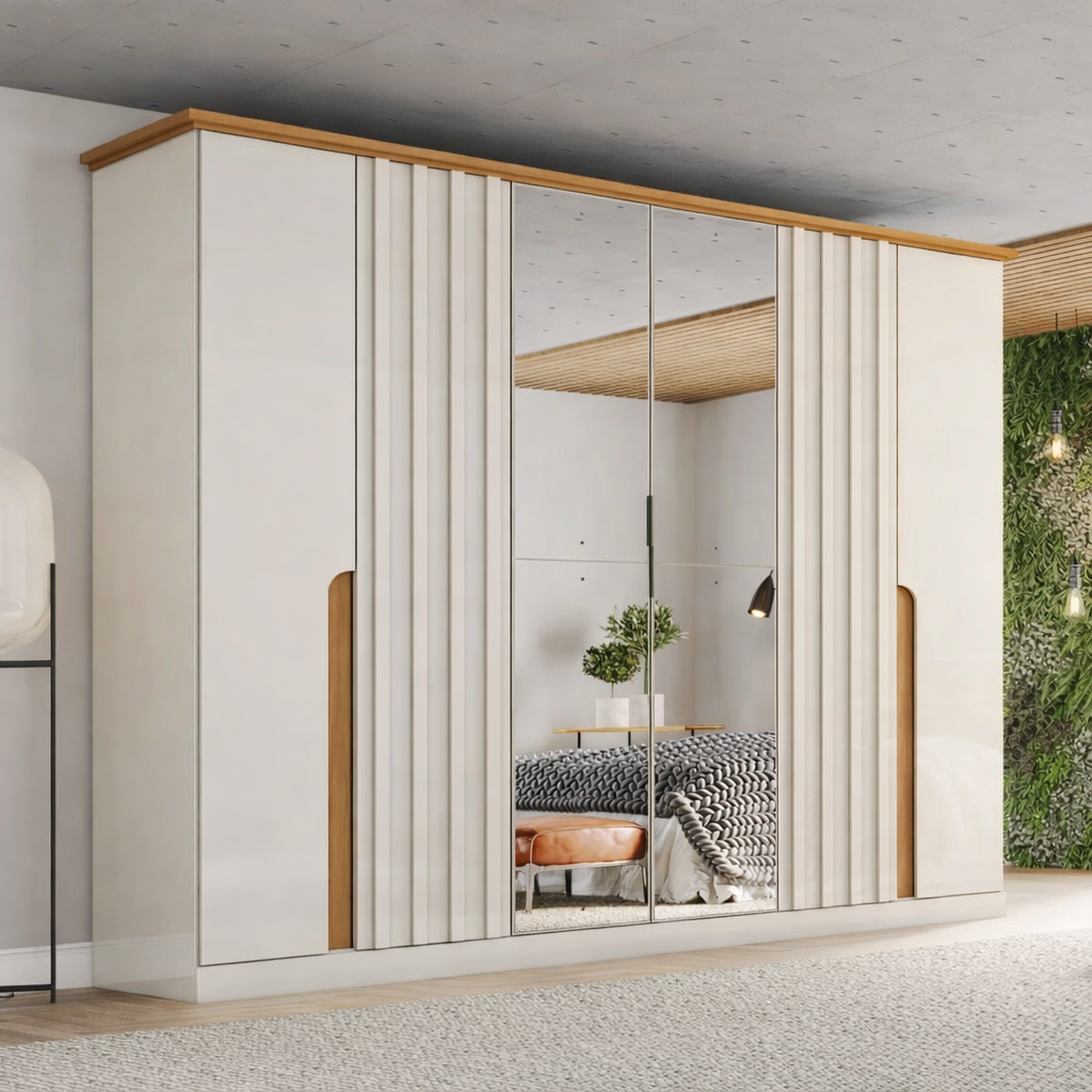 Guarda-Roupa Casal 6 Portas 6 Gavetas com Espelho Napoli Henn MDP Bege/Off White/Nature