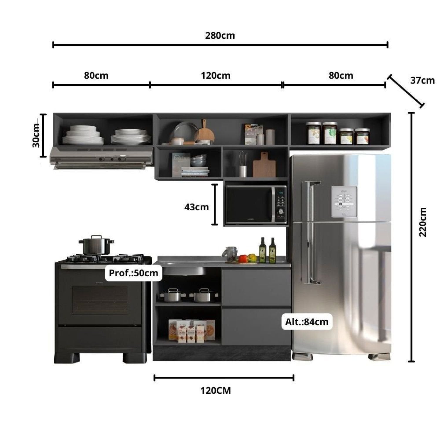 Cozinha Completa Modulada 5 Peças com Nicho para Micro-Ondas e Balcão para Pia sem Tampo Etna Poliman Móveis Grafite/Preto