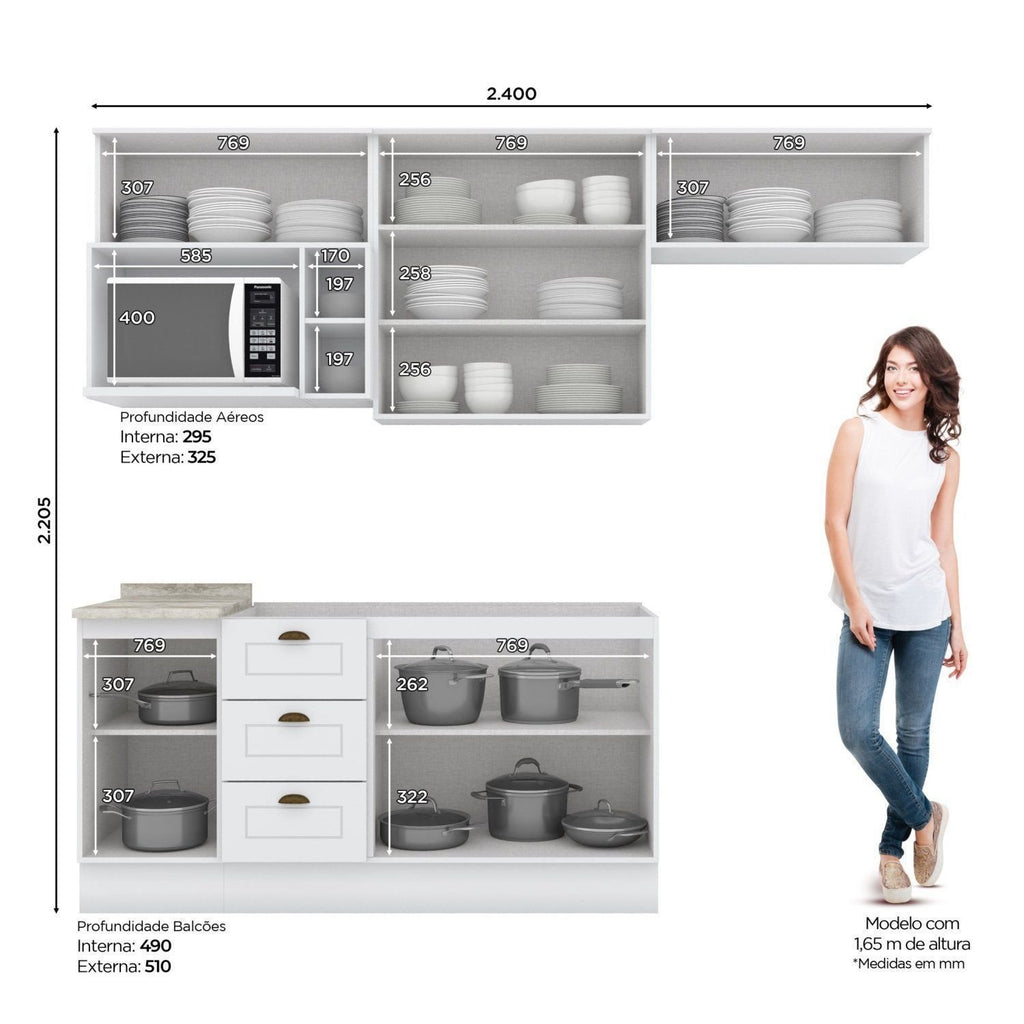 Cozinha Compacta Modulada 6 Peças com Aéreo para Micro-Ondas Emily Espresso Móveis Branco/HP/Calcare