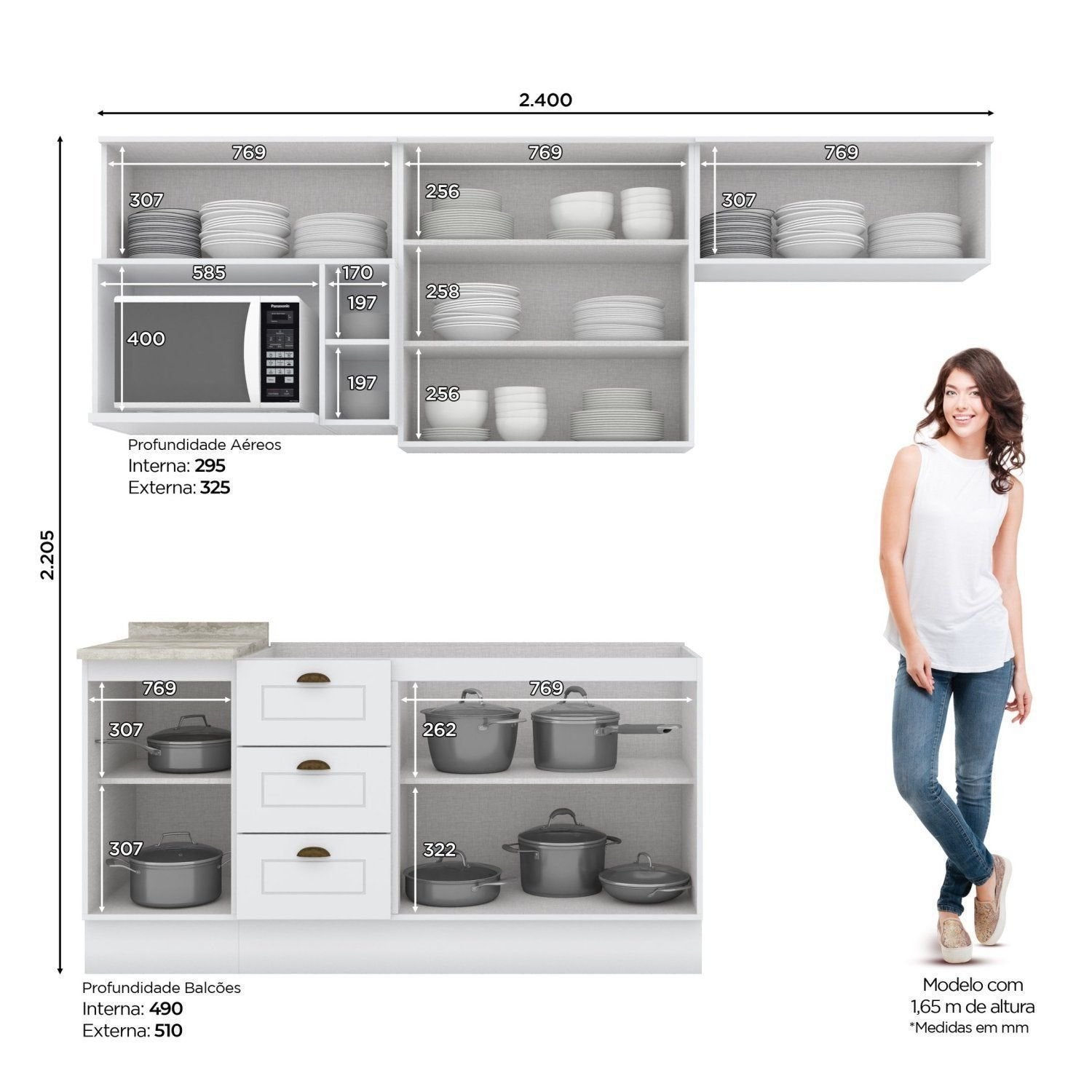 Cozinha Compacta Modulada 6 Peças com Aéreo para Micro-Ondas Emily Espresso Móveis Branco/HP/Calcare