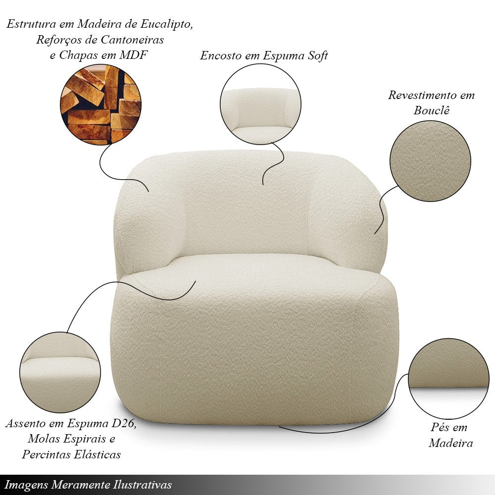 Conjunto Poltrona Base Fixa e Puff Decorativo Charlote Sala de Estar Bouclê Bege G88 Gran Belo