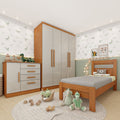Quarto Infantil Completo com Guarda-Roupa Cômoda e Cama 100% MDF Harmonia Yescasa Bege/Cinamomo/Off