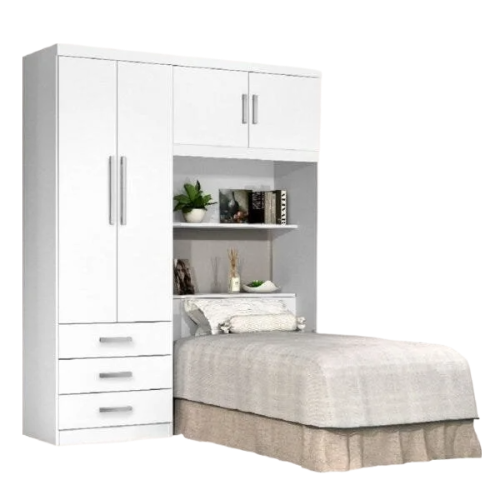 Guarda-Roupa Solteiro 4 Portas 3 Gavetas com Cabeceira e Baú Cancun Yescasa MDP Branco