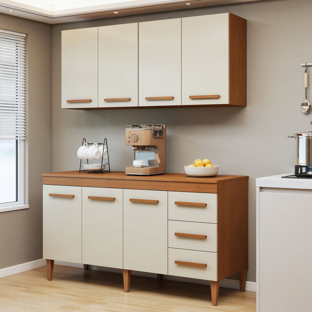 Cozinha Completa Modulada Atenas Kaiki Móveis 7 Portas 3 Gavetas Balcão Aéreo MDP Branco