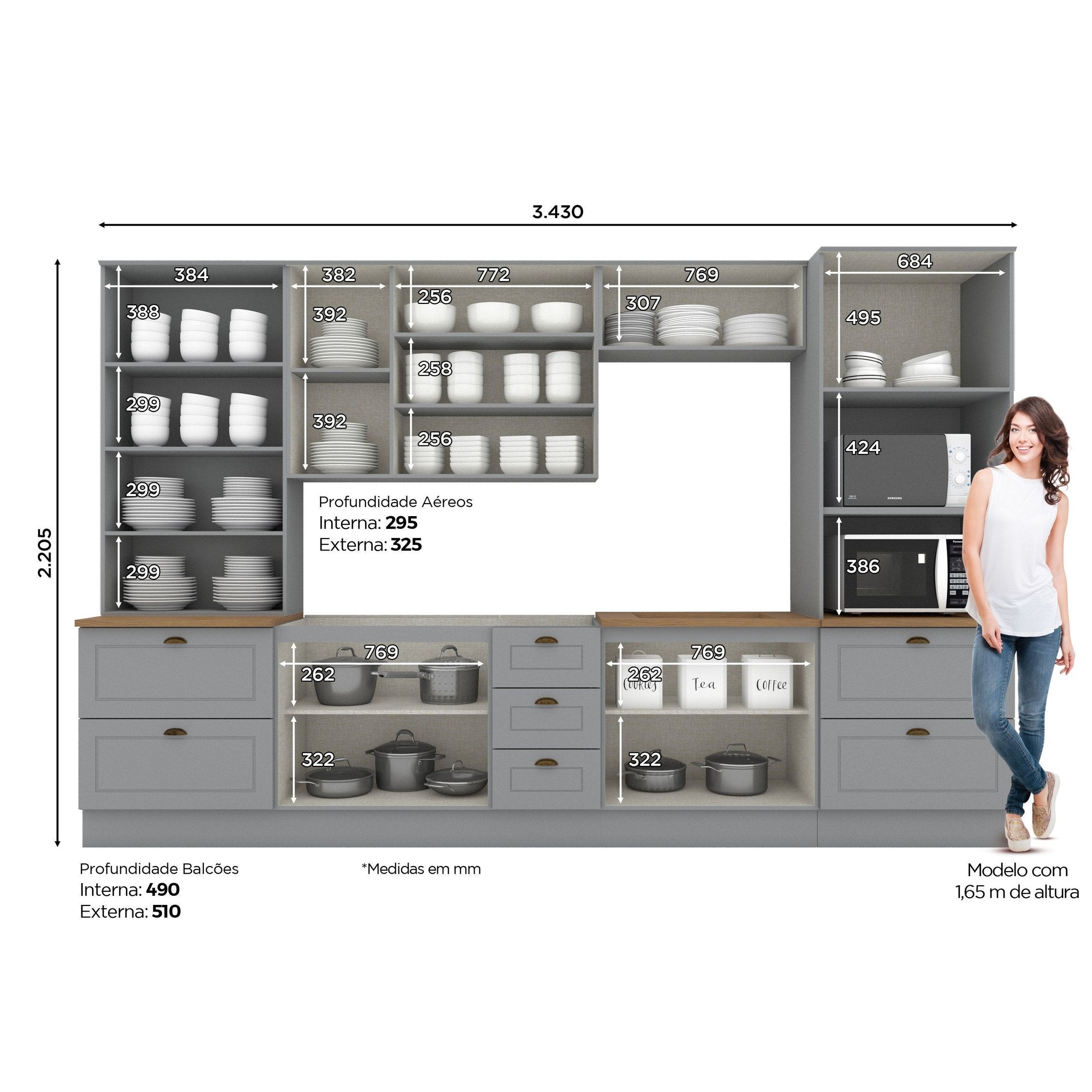 Cozinha Completa Modulada 6 Peças com Cristaleira Emily Espresso Móveis Cinza/Nature
