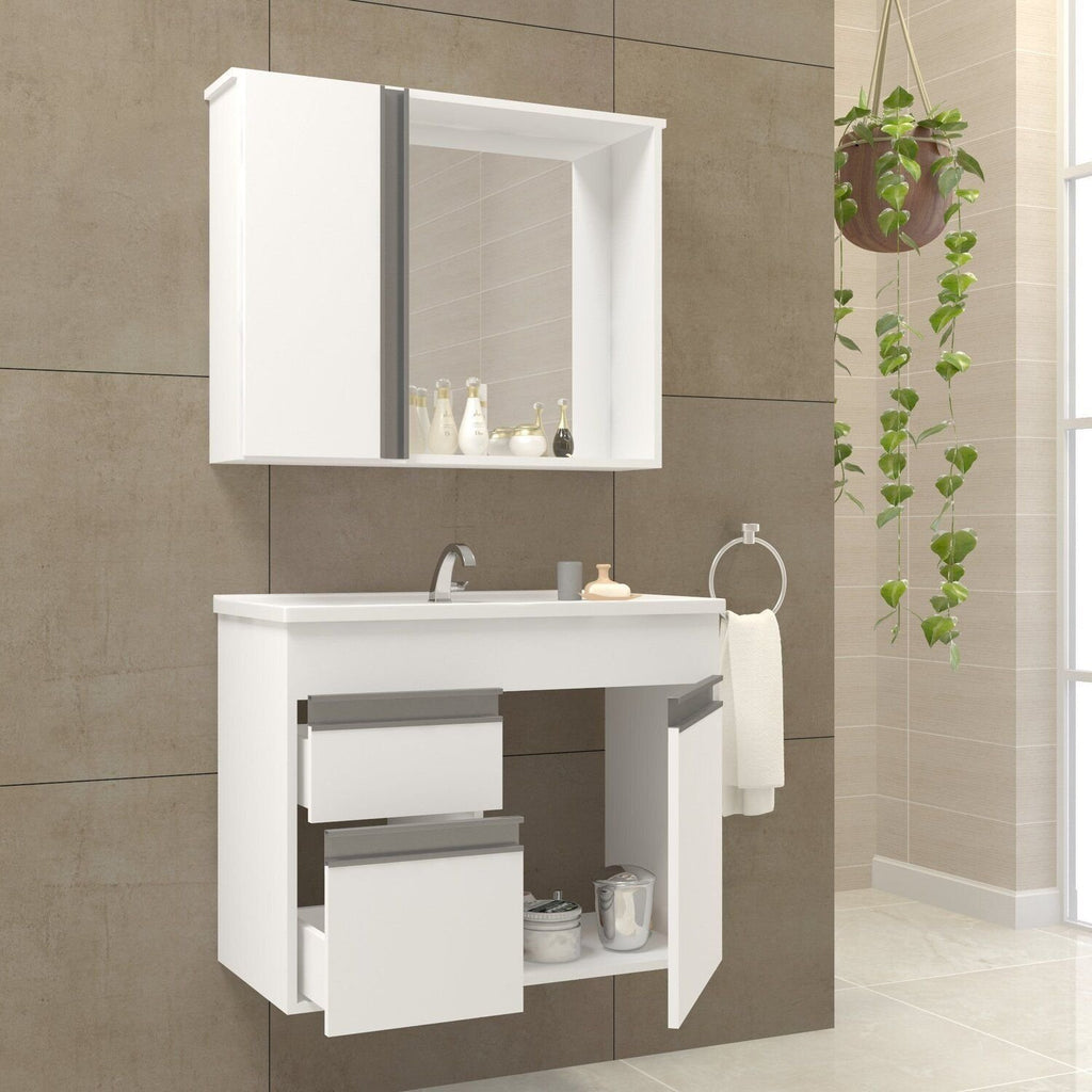Conjunto Gabinete Suspenso com Cuba e Espelheira Napoli Arte Gabinetes 60cm Branco