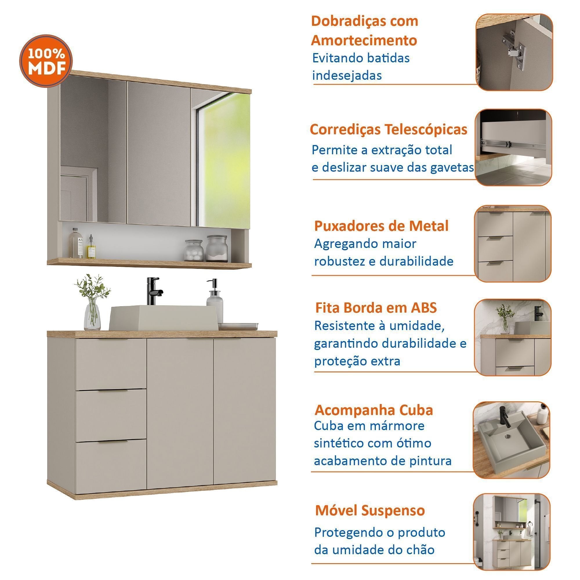 Conjunto para Banheiro Completo com Gabinete, Cuba e Espelheira York Estilare 76cm Bege/Nude