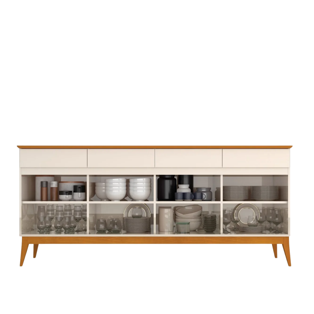 Buffet Aparador 4 Portas e 4 Gavetas Premium MDF Off White/Cedro EDN Móveis