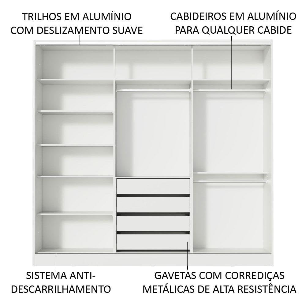 Guarda-Roupa Casal 100% MDF Madesa Zurique 3 Portas de Correr com Espelho