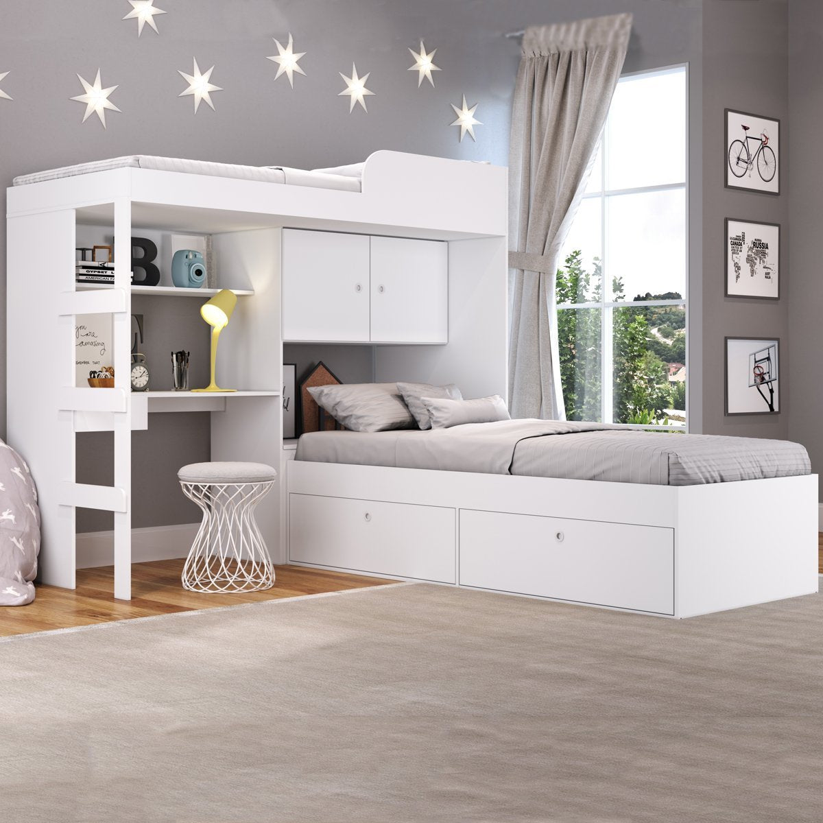 Conjunto Cama de Solteiro com Baú e Cama Alta Lion com Escada e Escrivaninha Branco Cj038 Art In Móveis