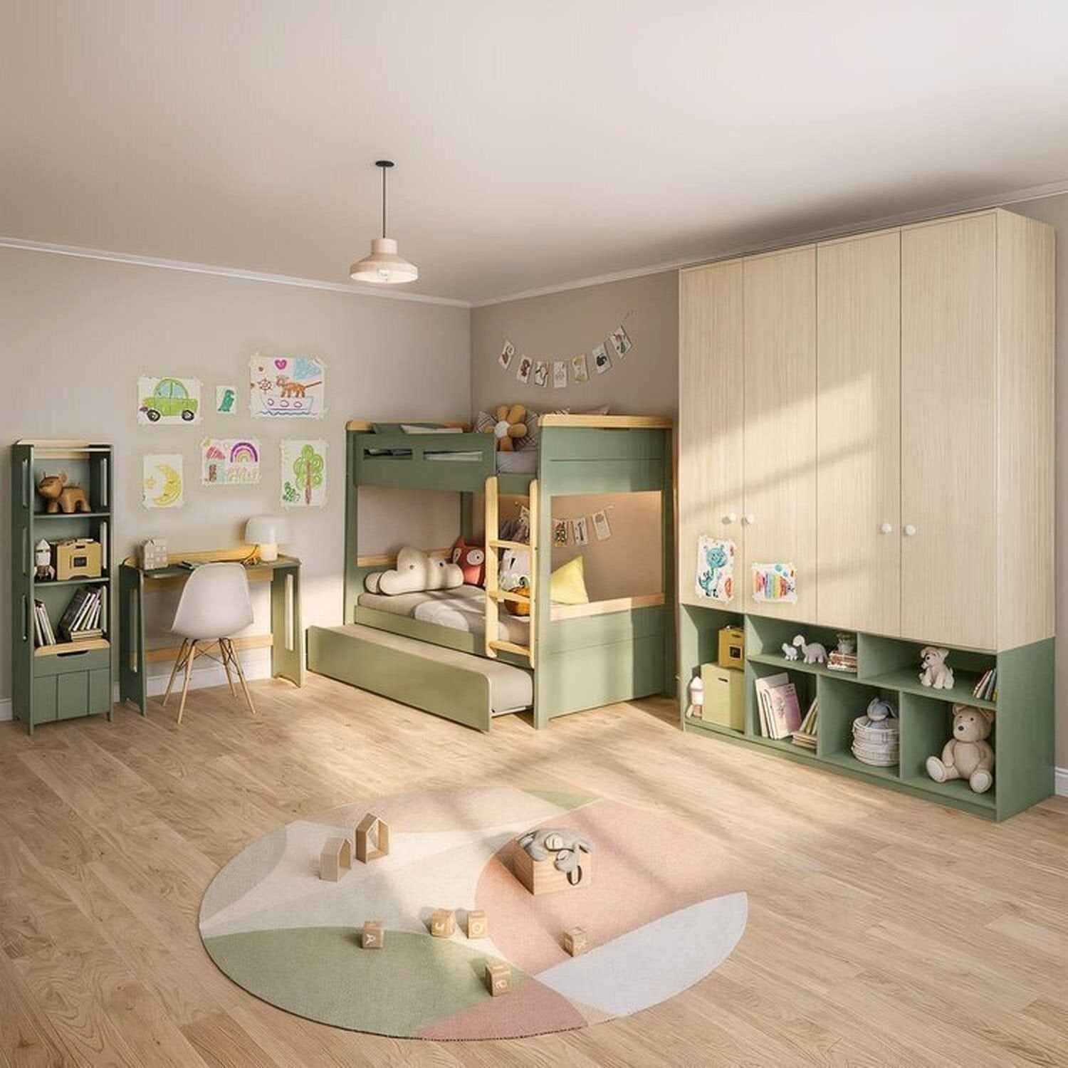 Quarto Infantil Completo Guarda-Roupa Curió Treliche Escrivaninha Estante Petit Verde/Mel Casatema