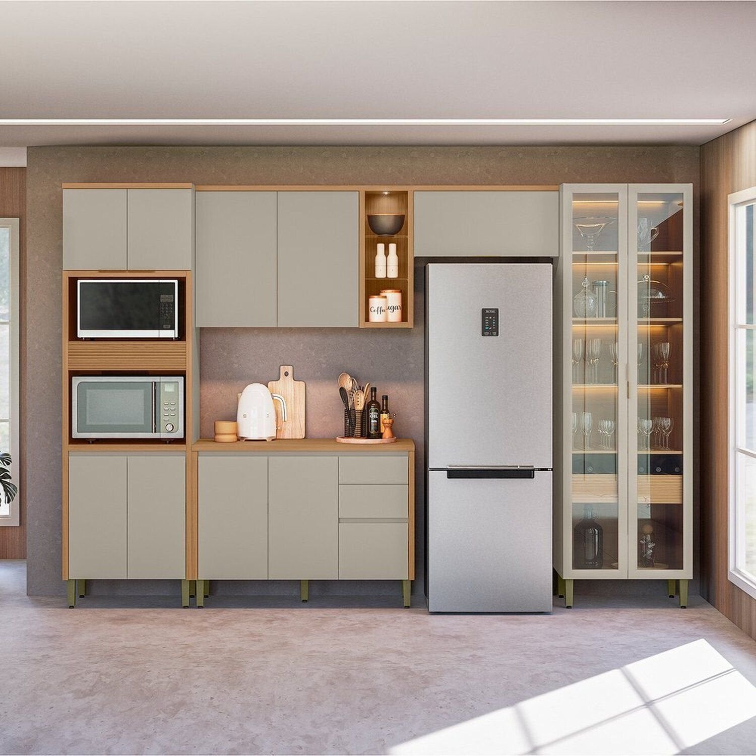 Cozinha Completa Modulada 5 Peças com Torre Quente e Cristaleira Allure Marrom/Jequitibá/Gris Fosco Linea Brasil