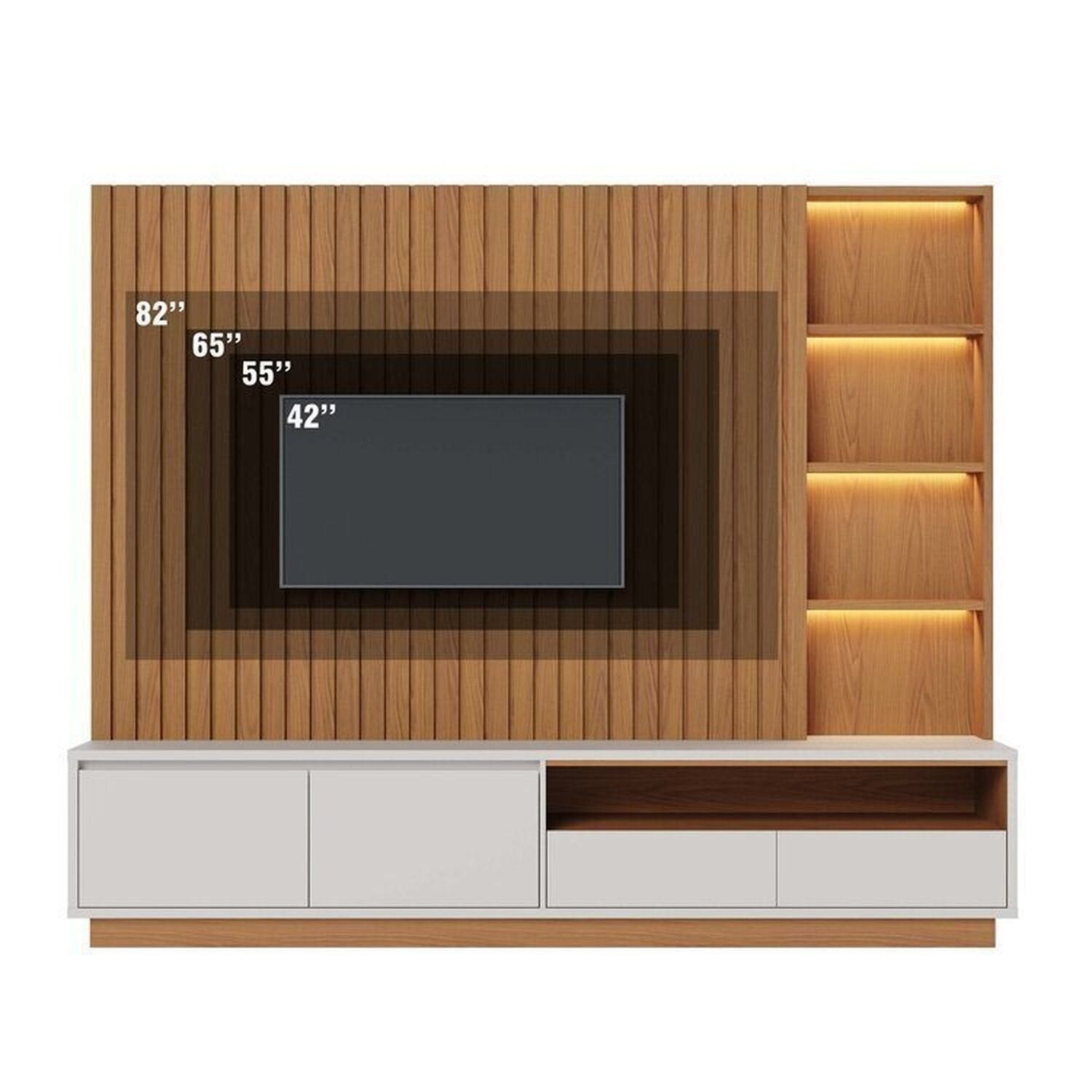 Conjunto Sala de Estar Home Theater Ripado para TV até 82 Polegadas 240cm com LED Cristaleira e Buffet 4 Portas Colibri Marrom Freijó/Off White Matte