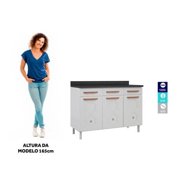Balcão de Cozinha em Aço Triplo com Tampo 3 Portas 3 Gavetas 120cm Mirage New Telasul Branco