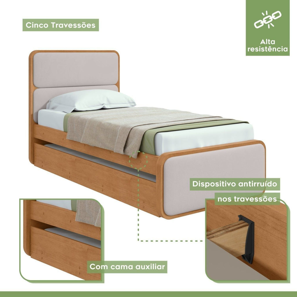 Bicama Solteiro Corino Loop Cama Auxiliar Móveis Lopas Marrom Amêndoa Clean
