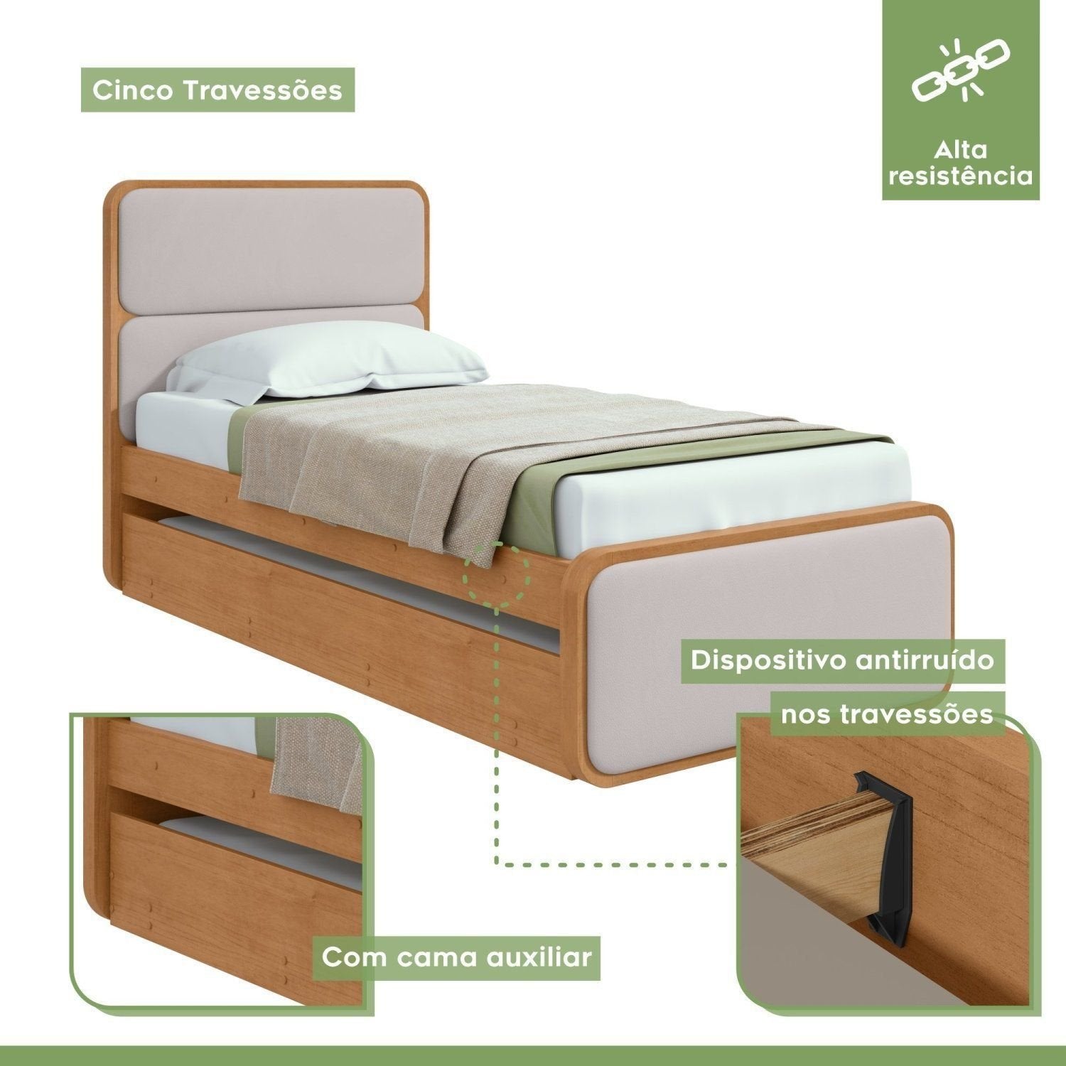 Bicama Solteiro Corino Loop Cama Auxiliar Móveis Lopas Marrom Amêndoa Clean