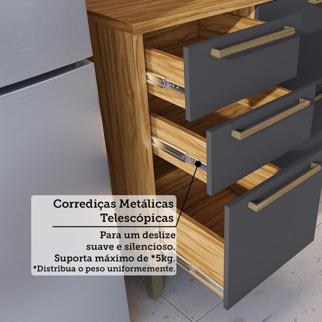 Balcão de Cozinha 2 Portas Basculantes 3 Gavetas com Tampo 120cm Vicenza Espresso Móveis Cinza/Amêndoa/Chumbo