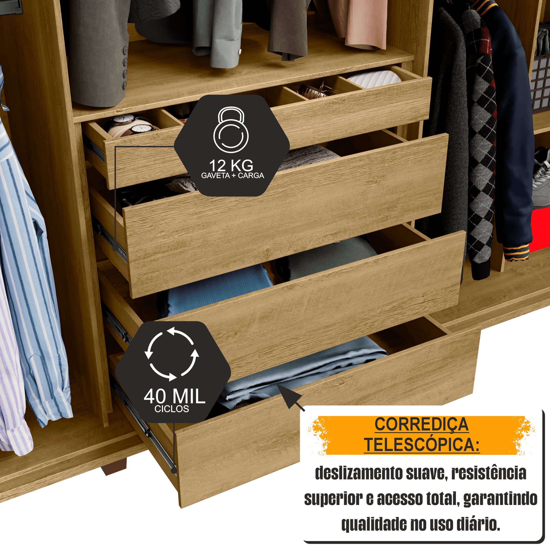 Guarda-Roupa Casal 6 Portas com LED e Vidro Reflecta 5 Gavetas Bélgica RV Móveis
