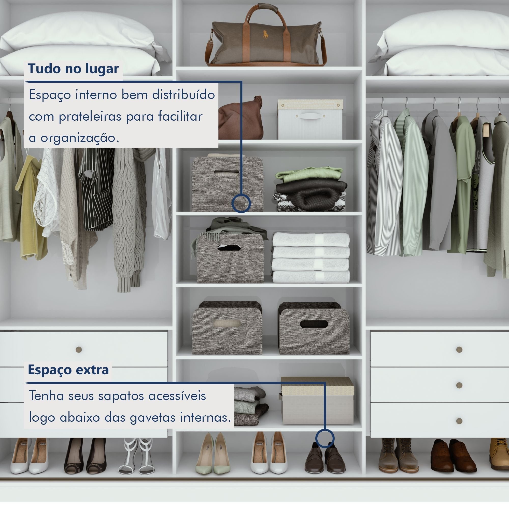 Guarda-Roupa Casal Spazio Yescasa 3 Portas Correr 6 Gavetas MDF 270cm Branco