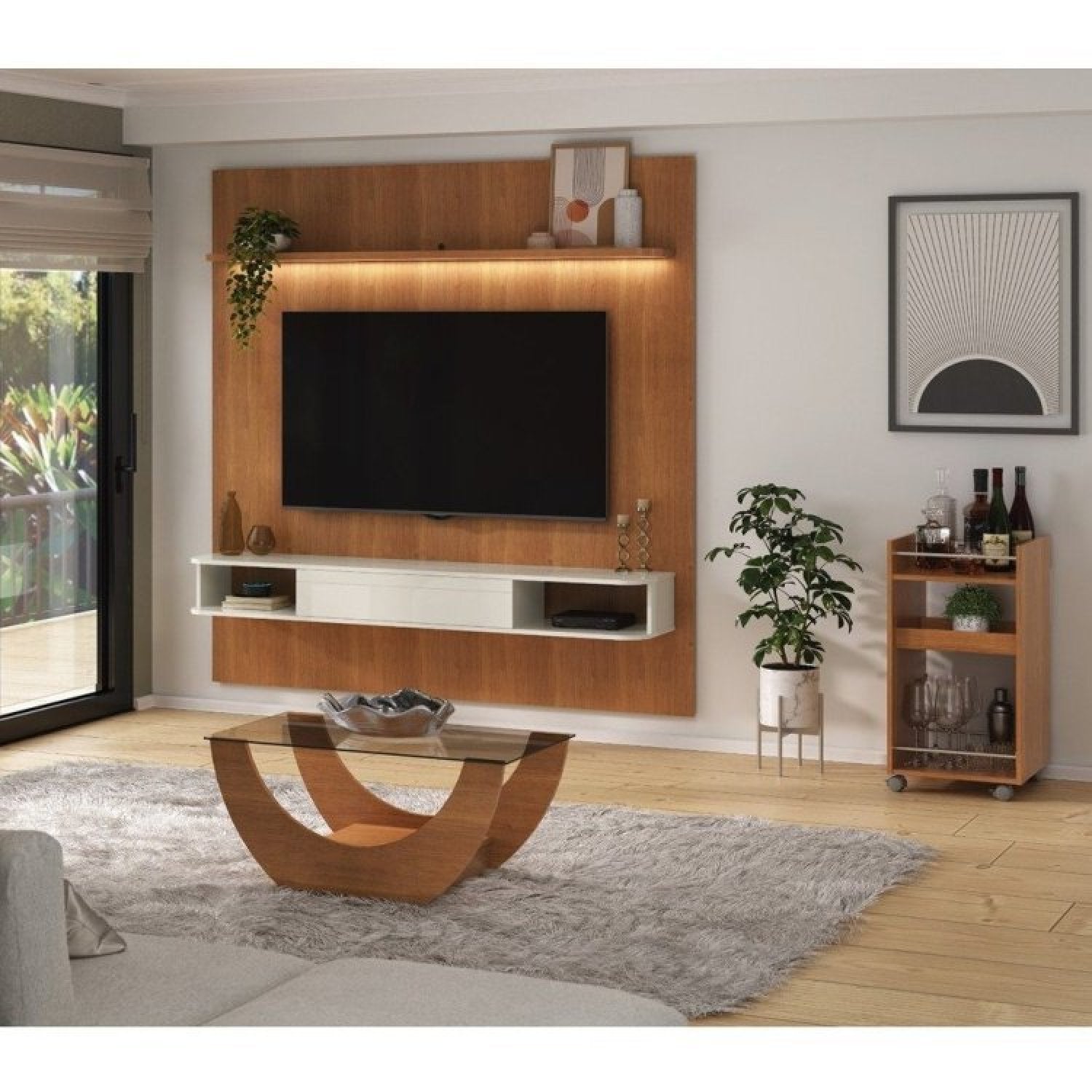 Conjunto Sala de Estar Painel para TV até 75 pol Atenas com Mesa de Centro Onda e Carrinho Bar Brito Marrom