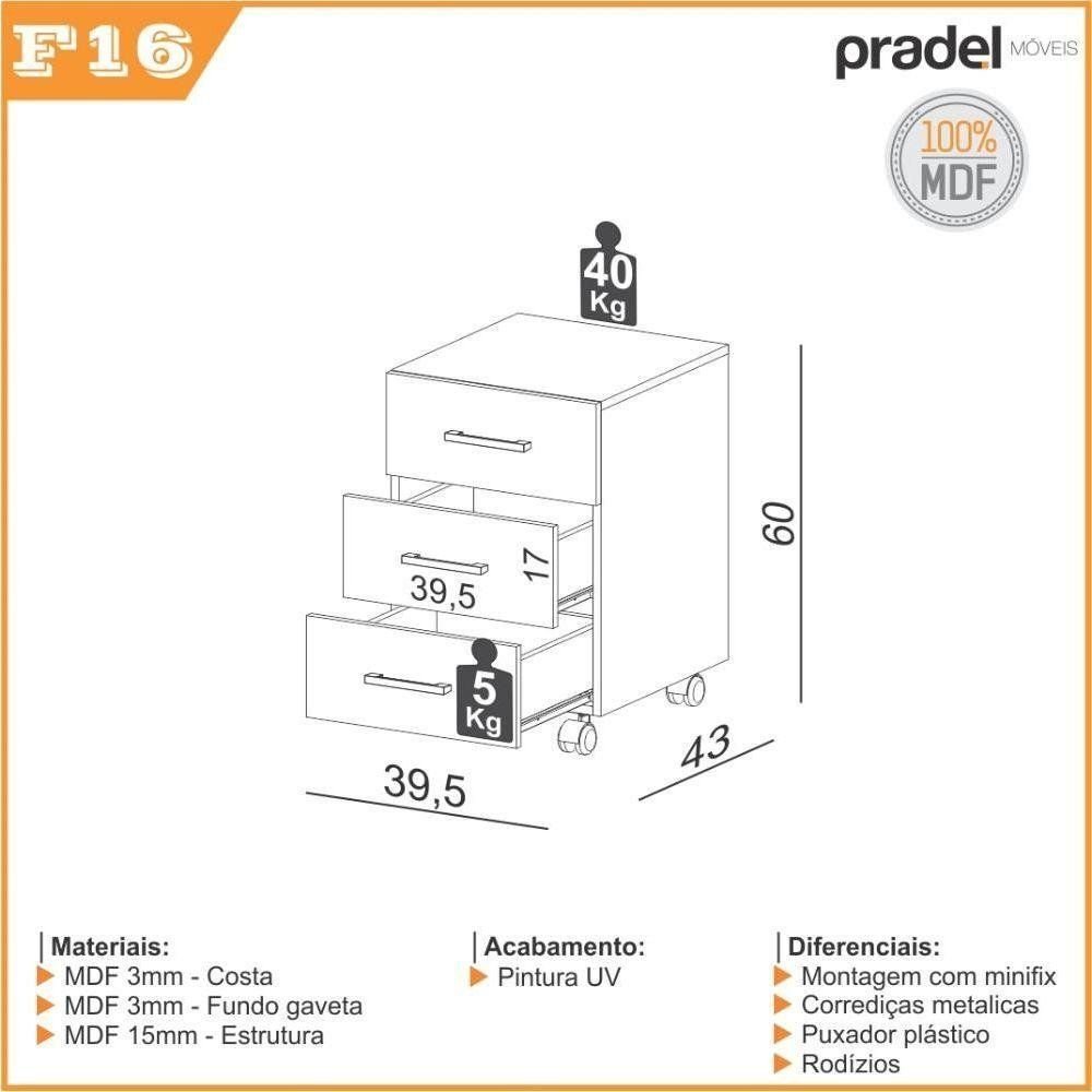 Mesa Escrivaninha com Gaveteiro 3 Gavetas 135cm 100% MDF Pradel E Preto Fosco com Freijó
