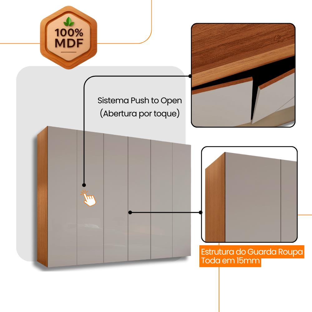 Guarda-Roupa Casal Coliseu 6 Portas 6 Gavetas 100 MDF Moderna Mobília Naturalle