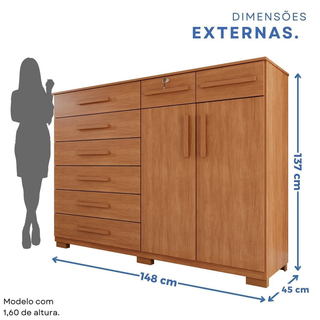 Cômoda para Quarto 2 Portas 8 Gavetas Esmeralda Espresso Móveis Marrom/Cinamomo