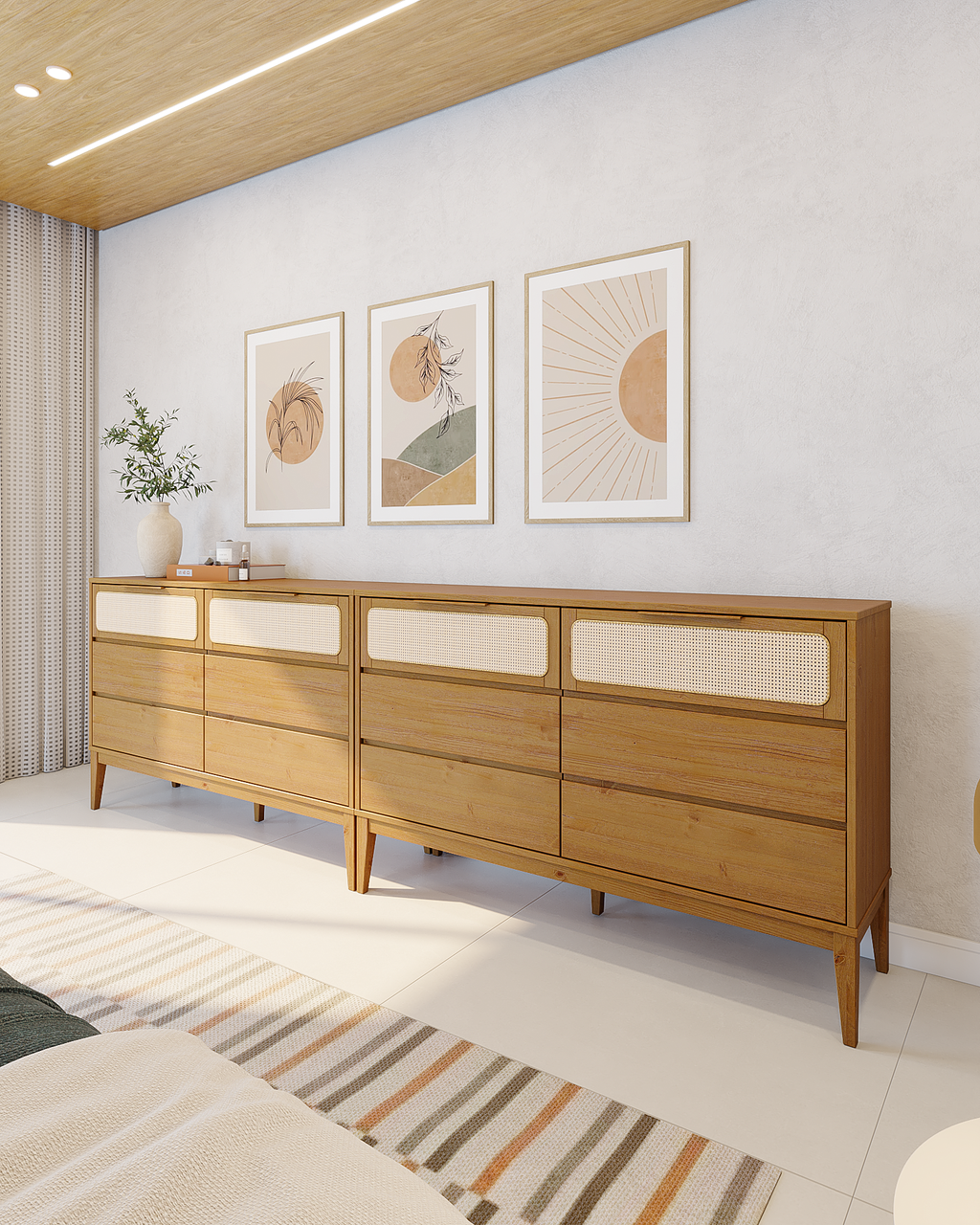 Cômoda 6 Gavetas Madeira Maciça com Telinha Rattan Viena Mel Marrom Artemobili
