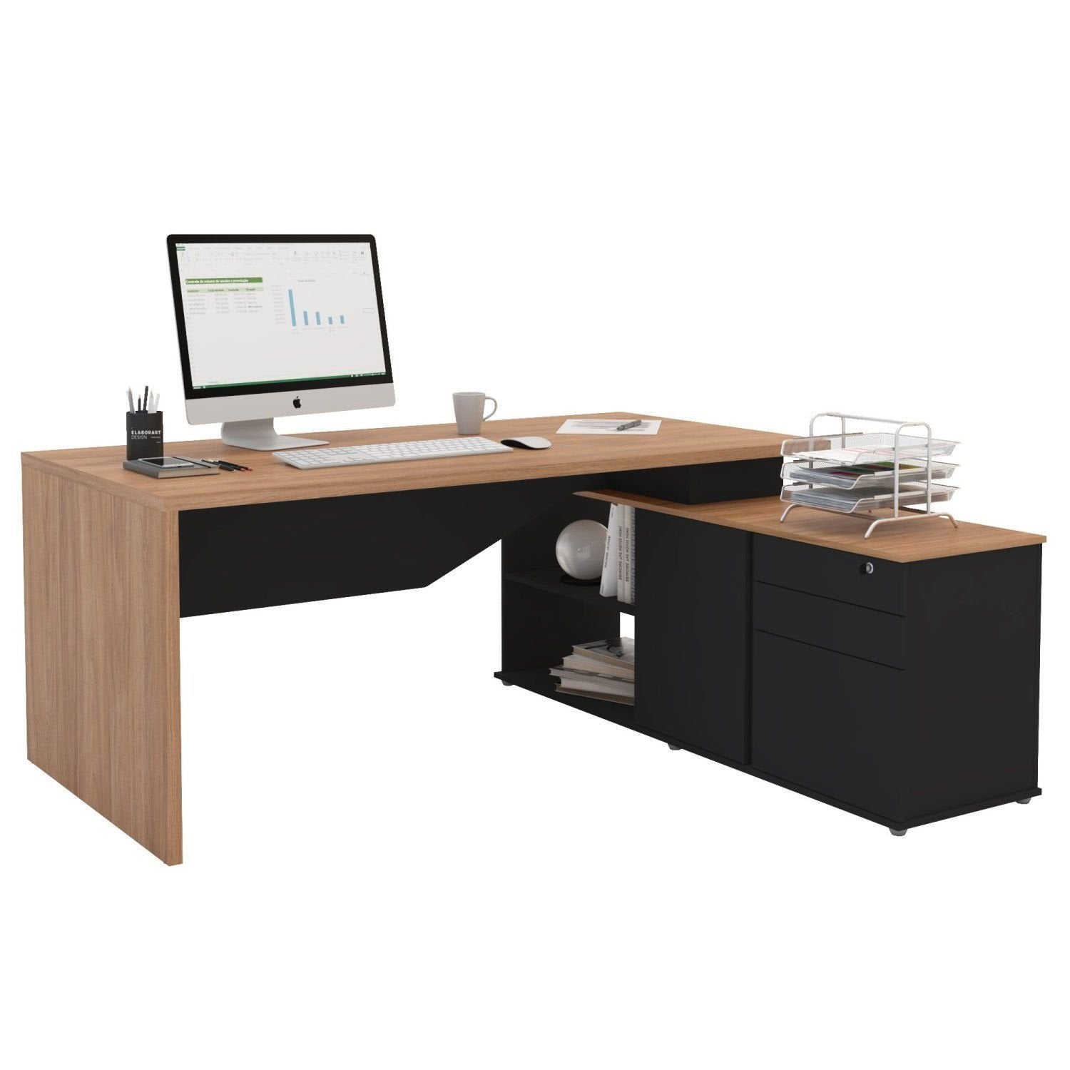 Escrivaninha Mesa Escritório Diretor em L Spring 3 Gavetas 1 Porta 180cm Yescasa