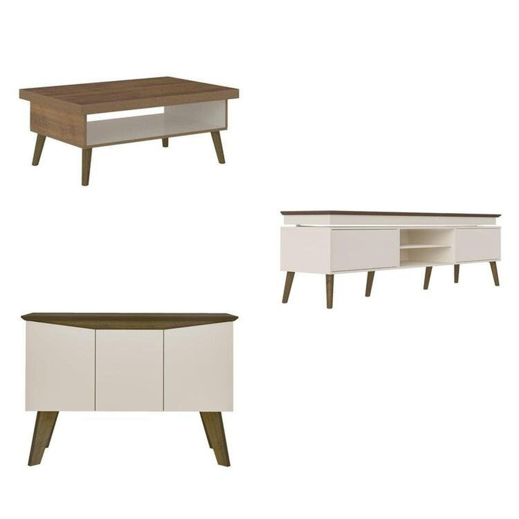 Conjunto 3 Peças Sala de Estar Mesa de Centro Lucca Buffet Oásis Rack Lumina Pinho/Off White Artely