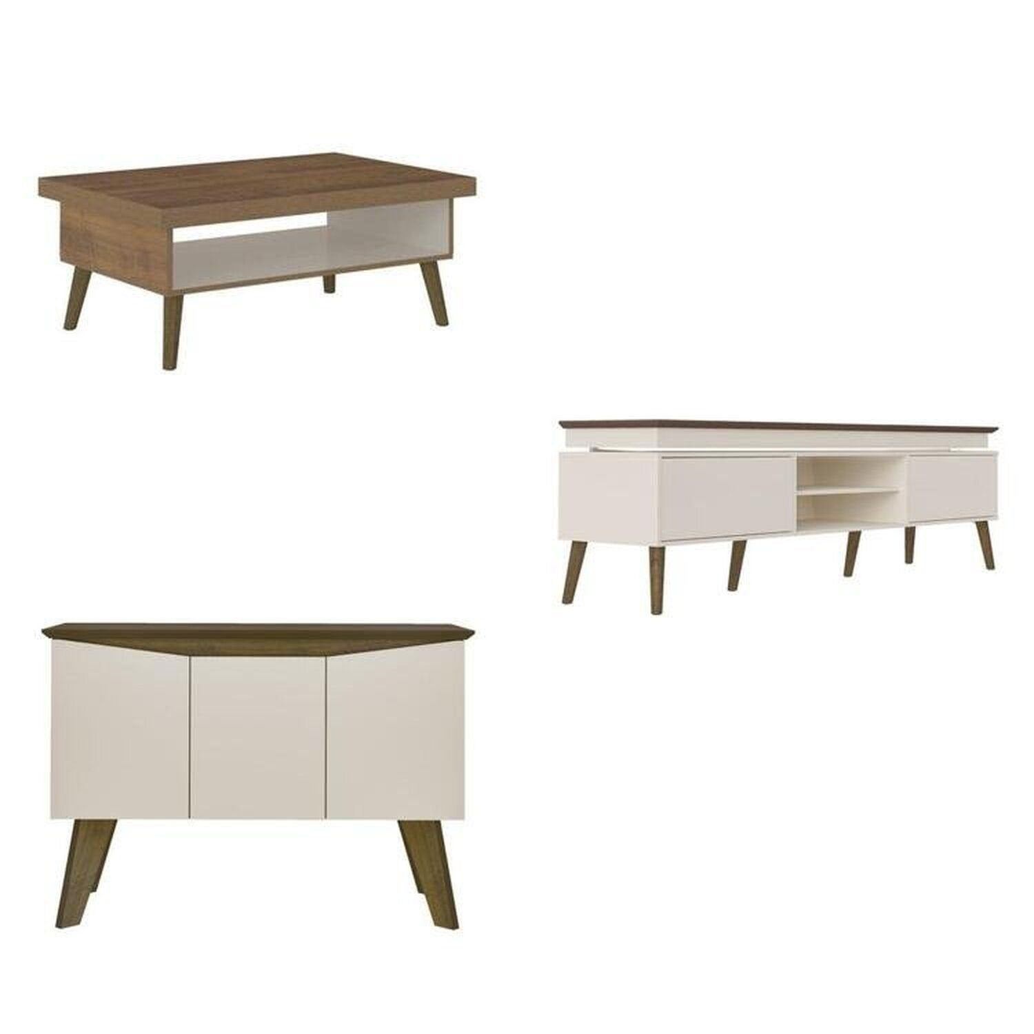 Conjunto 3 Peças Sala de Estar Mesa de Centro Lucca Buffet Oásis Rack Lumina Pinho/Off White Artely