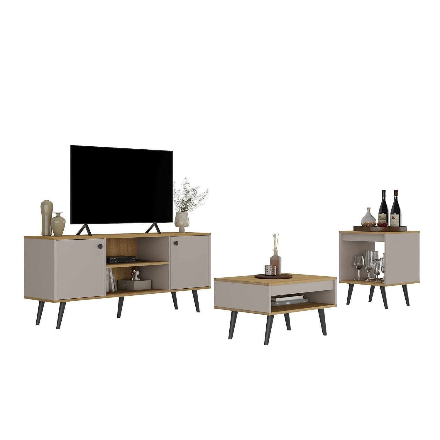 Conjunto Sala de Estar 3 Peças Rack para TV Centro e Mesa de Apoio Tóquio Ozini