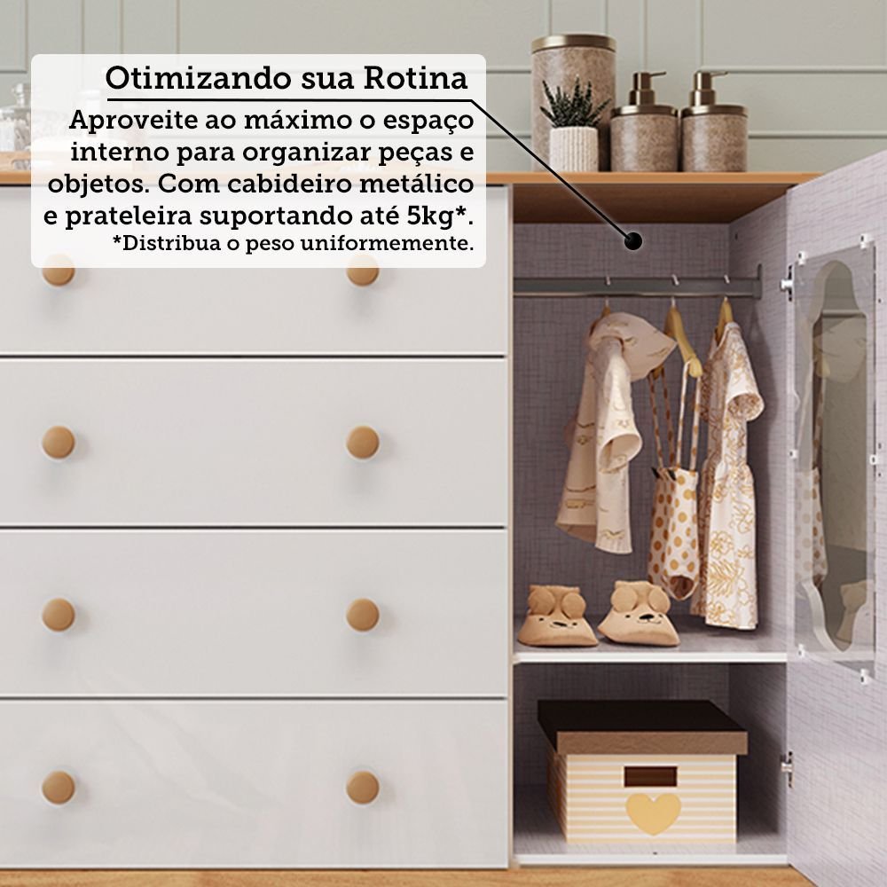 Cômoda de Bebê 120,3cm 1 Porta com Janela e 4 Gavetas Maya Provençal Yescasa Branco/Brilho/Amêndoa