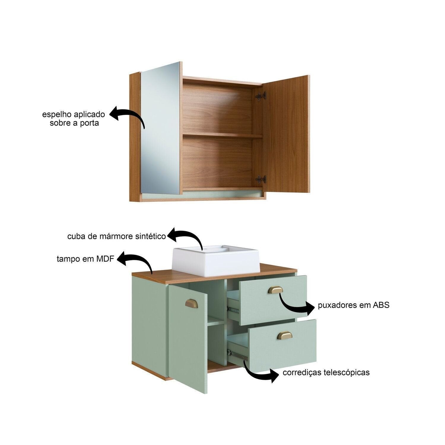 Conjunto para Banheiro Gabinete Suspenso com Cuba e Espelheira Lívia Yescasa 80cm Verde/Freijó/Moscatel
