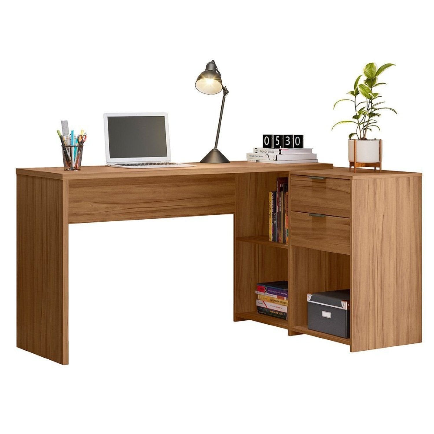 Escrivaninha Mesa Escritório em L Office Nt 2060 2 Gavetas 3 Nichos 148,6cm Notável Móveis Freijó Trend Marrom