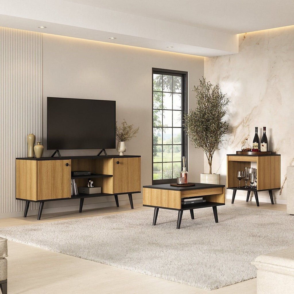 Kit 3 Peças com Rack para TV até 55 Polegadas, Mesa de Centro e Mesa de Apoio Tóquio Ozini