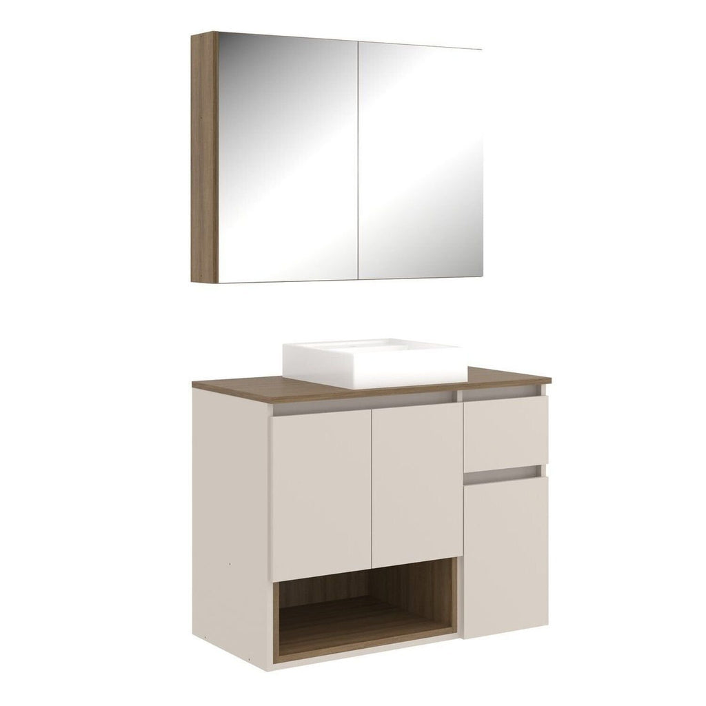 Conjunto para Banheiro Gabinete Suspenso com Cuba e Espelheira Aurora Yescasa 80cm Bege/Mel/Arenas