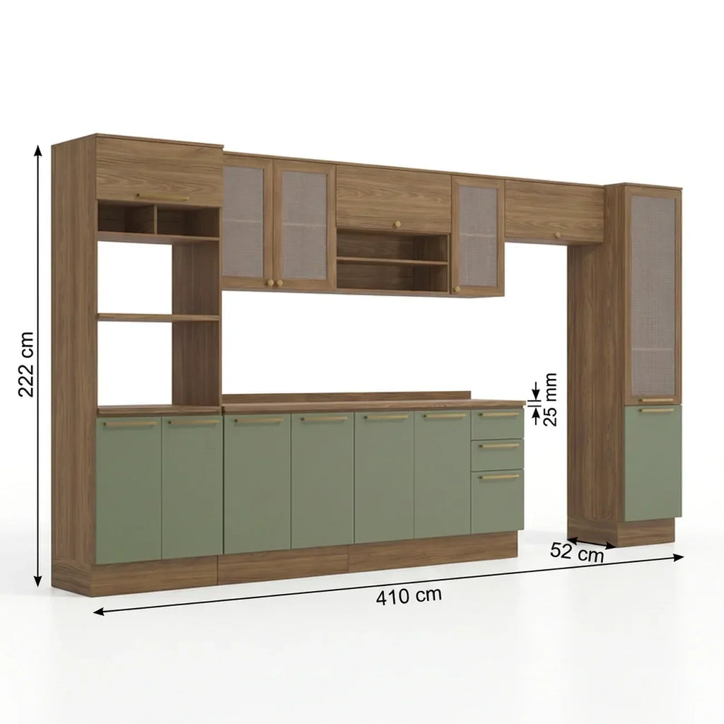 Cozinha Completa Botanic Kappesberg 7 Peças Torre Quente Paneleiro Balcão Nogueira/Verde Oliva 410x222x52cm