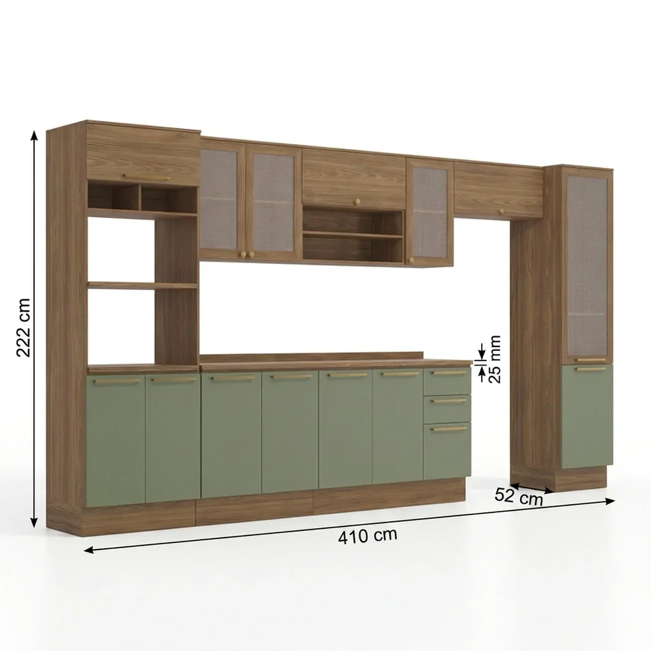 Cozinha Completa Botanic Kappesberg 7 Peças Torre Quente Paneleiro Balcão Nogueira/Verde Oliva 410x222x52cm