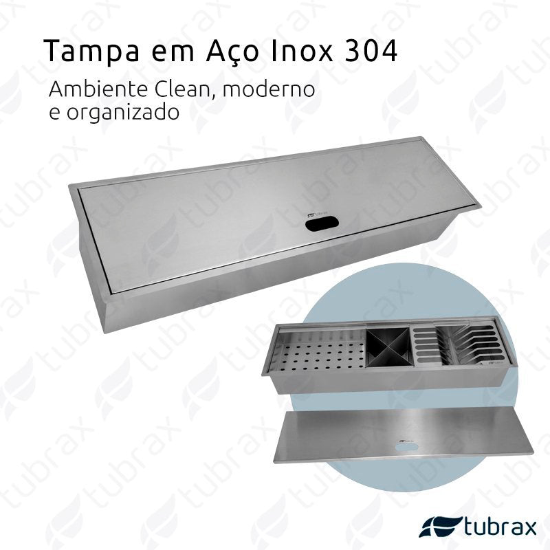 Canal Úmido Organizador Calha de Cozinha em Aço Inox 304 C/3 Módulos e Tampa Tubrax UAC0003-NT