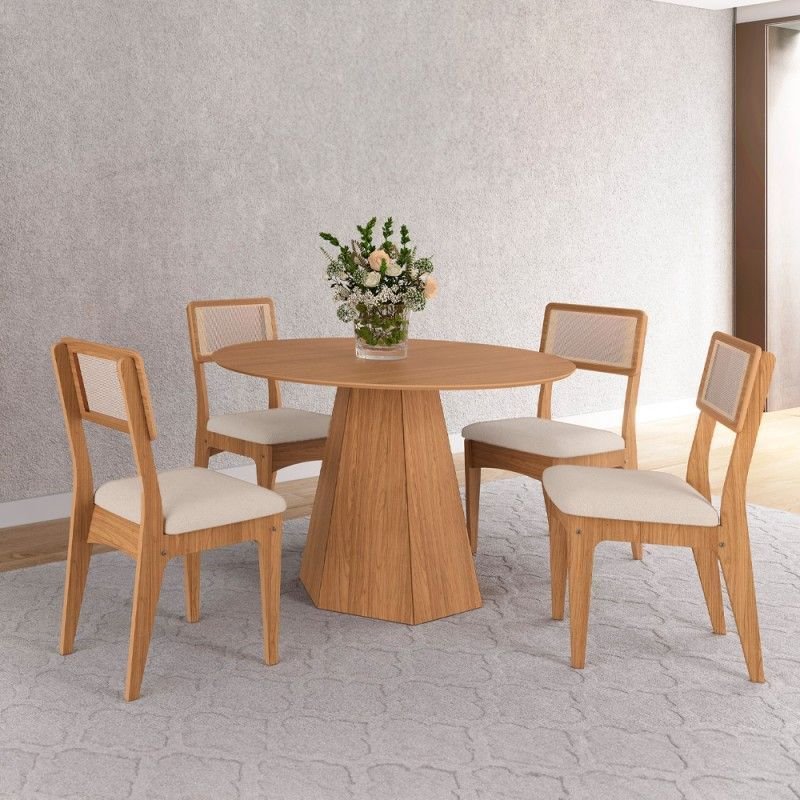 Conjunto Sala de Jantar Mesa Lisboa Hexagonal Freijó com 4 Cadeiras Palha Sintética 100% MDF Dalla Costa TM80 CA39