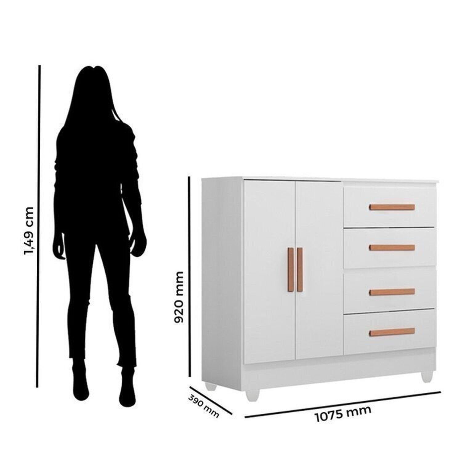 Quarto Bebê Infantil com Guarda-Roupa 3 Portas e 2 Gavetas com Cômoda 4 Gavetas e 2 Portas Lite Móveis Leão Branco