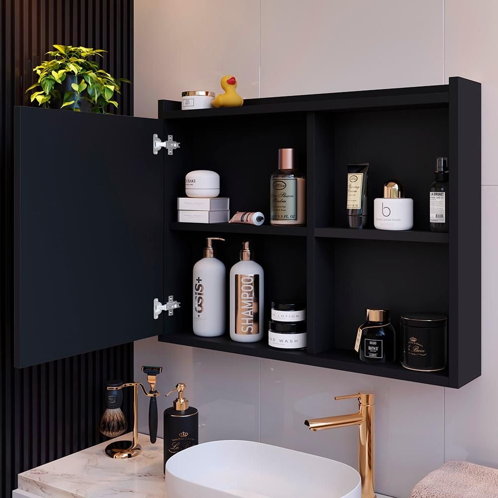 Espelheira para Banheiro Suspensa Luxo DESAN 1 Porta com Prateleira 60cm Preto