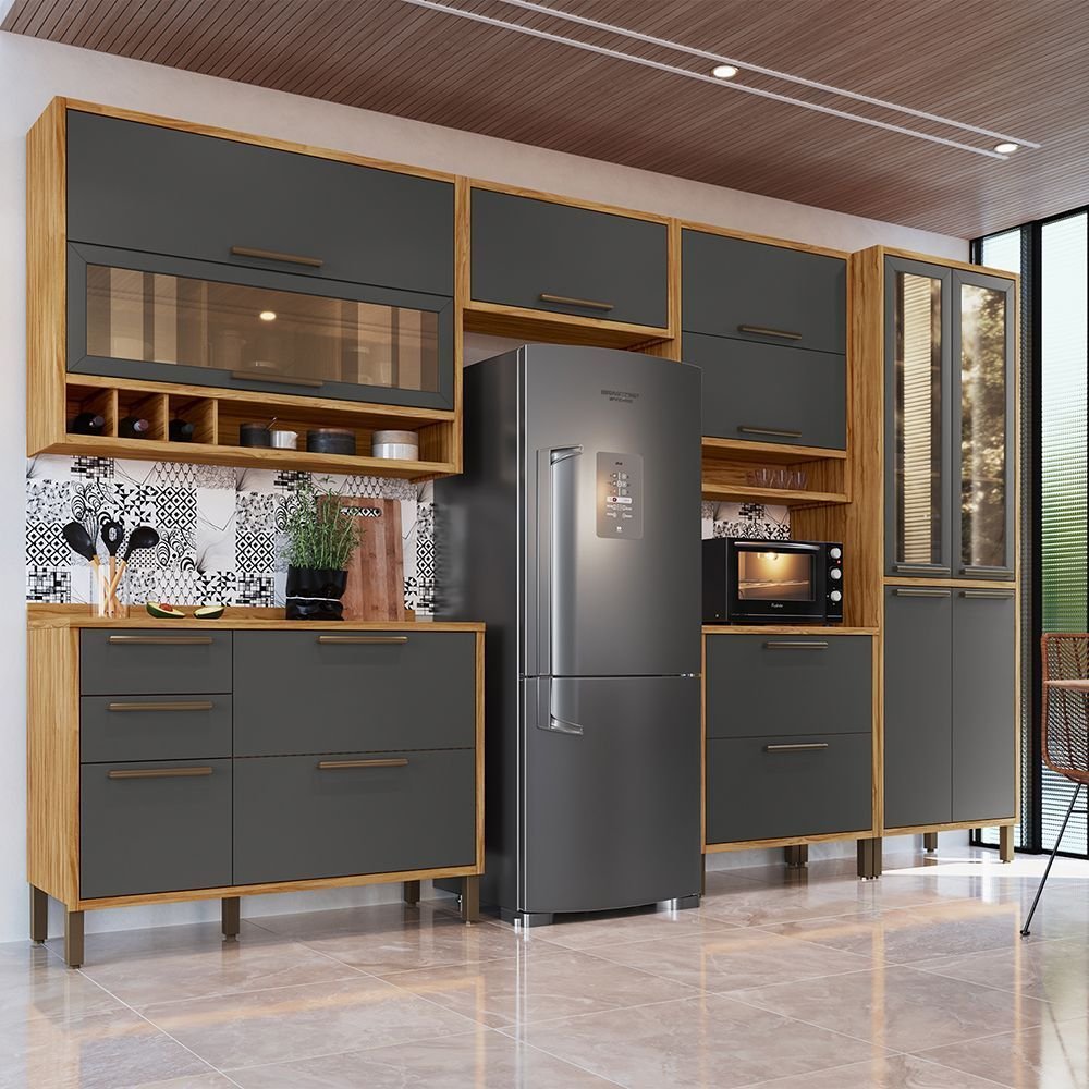 Cozinha Completa Modulada 100% MDF Vicenza Espresso Móveis 6 Peças 12 Portas 4 Gavetas Vidro Amêndoa/Chumbo 354,5x225x47cm