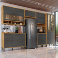 Cozinha Completa Modulada 100% MDF Vicenza Espresso Móveis 6 Peças 12 Portas 4 Gavetas Vidro Amêndoa/Chumbo 354,5x225x47cm