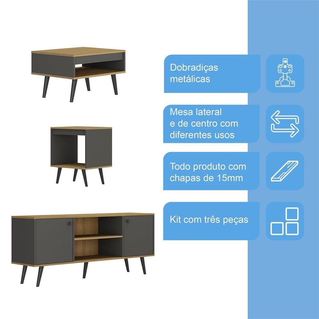 Conjunto Sala de Estar 3 Peças Rack para TV Mesa de Centro e Apoio Tóquio Ozini
